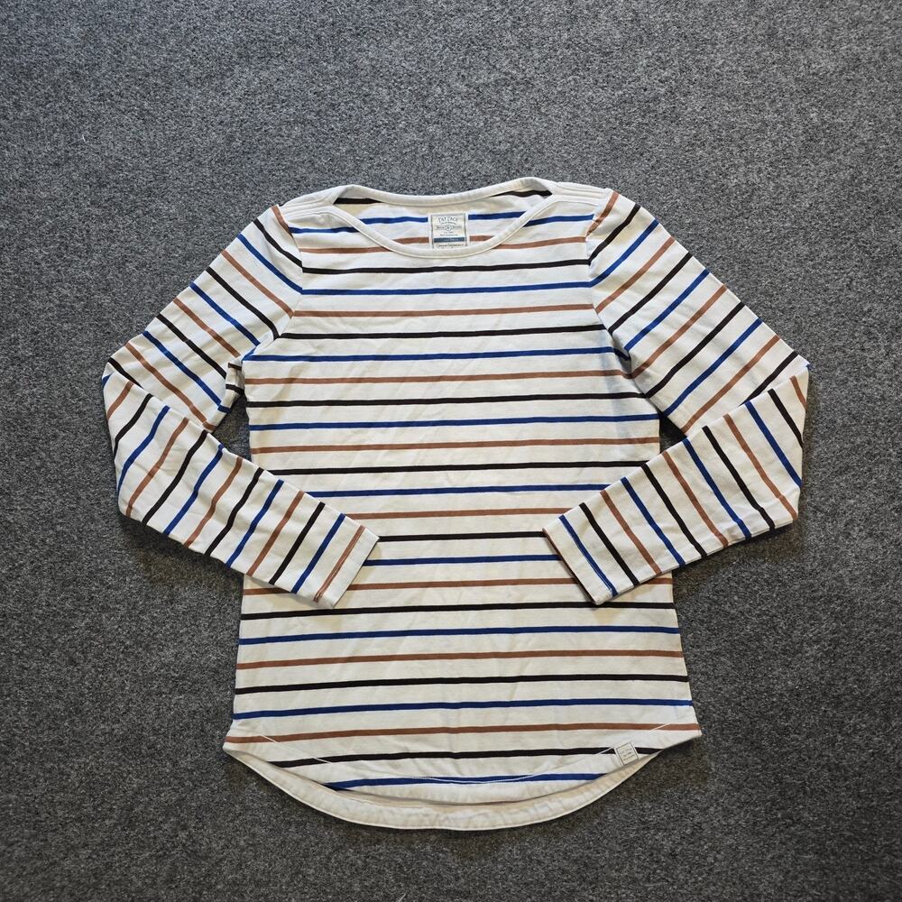 Fat Face Top Womens 2 White Blue Striped Boat Neck Long Sleeve Preppy Nautical